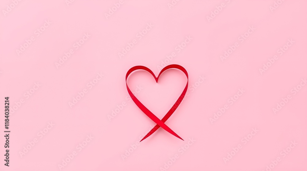 Red ribbon forming a heart shape on pink background for love and creativity