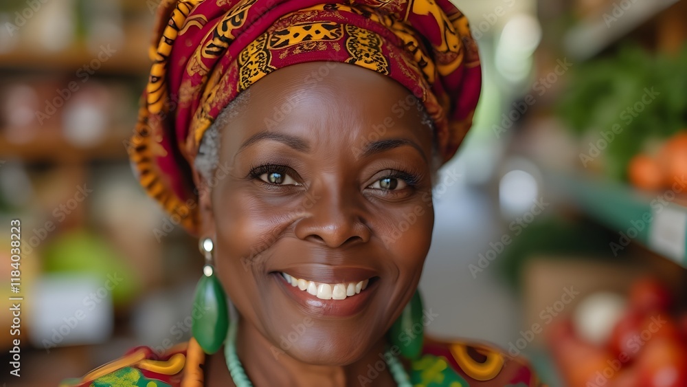 Fototapeta premium Radiant Ghanaian Senior Grocer Portrait, Warm, Smiling Close-up in Traditional African Attire