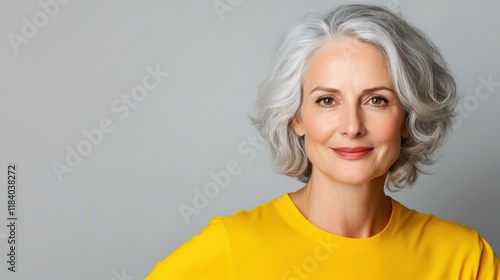 Close up of mature woman with white skin, grey short hair, wavy hair and a clear yellow t shirt, isolated in a light grey studio. Portrait person.