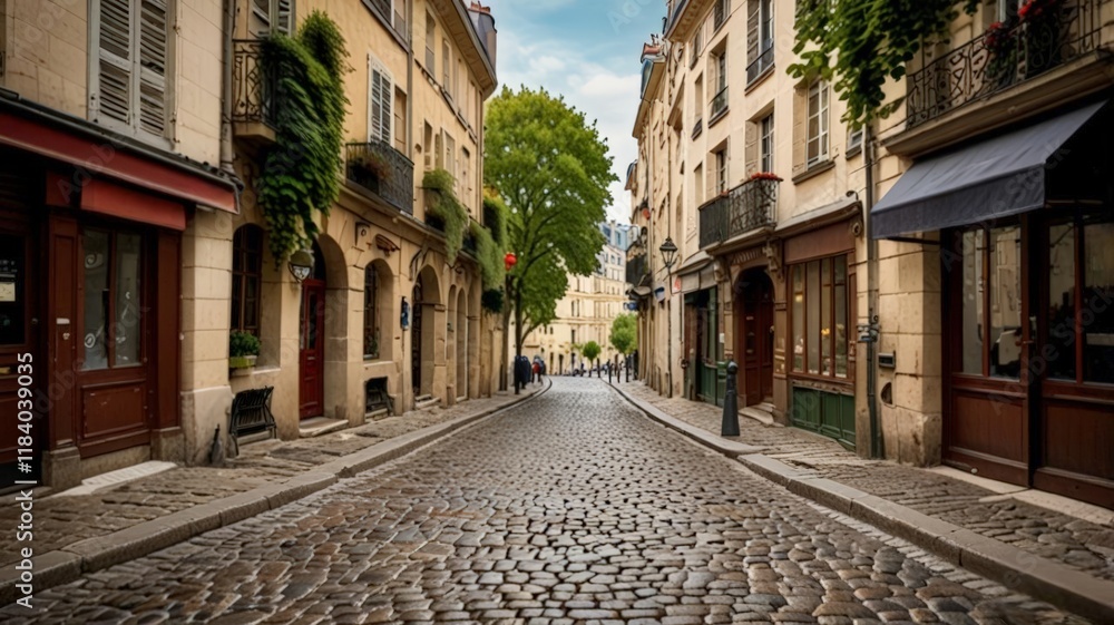 Obraz premium A picturesque cobblestone street, lined with charming buildings and lush greenery, invites exploration under a bright blue sky, encapsulating the city's vibrant atmosphere.