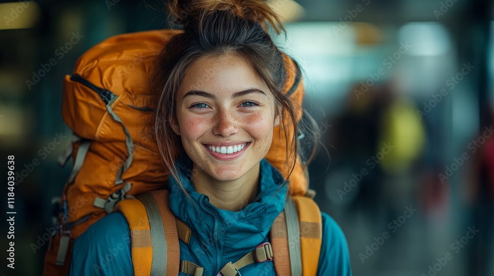 A young woman smiling brightly at the airport, radiating happiness and excitement for travel. Perfect for lifestyle, travel, and people-focused visuals. A young woman smiling brightly at the airport, radiating happiness and excitement for travel. Perfect for lifestyle, travel, and people-focused visuals.