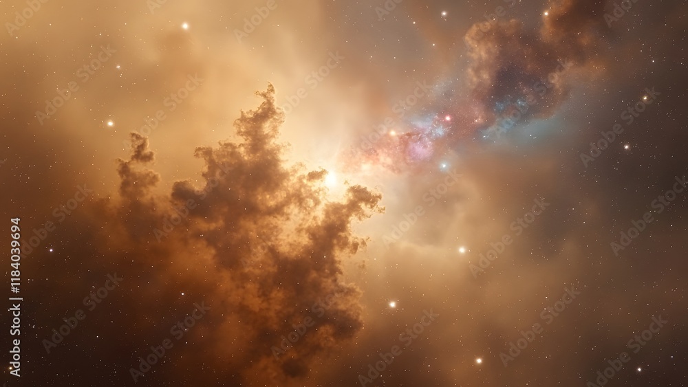 Naklejka premium Stunning Beige Nebula, Vibrant Cosmic Clouds and Stars in Space Galaxy