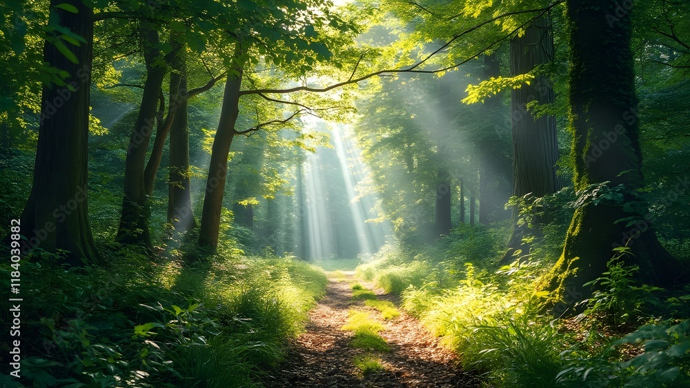 Fototapeta premium Sun-Dappled Forest Path, Gray-Toned Leaves, Vibrant Nature Scene, Mystical Sunlight Beams Through Trees