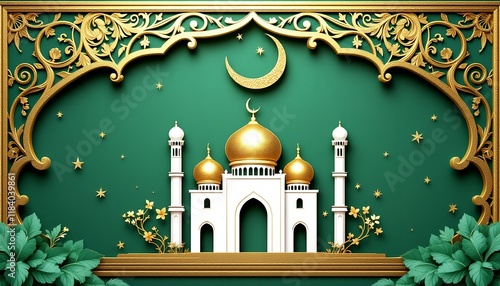 Elegant Mosque Illustration: Golden Ornament Frame, Emerald Green Background photo