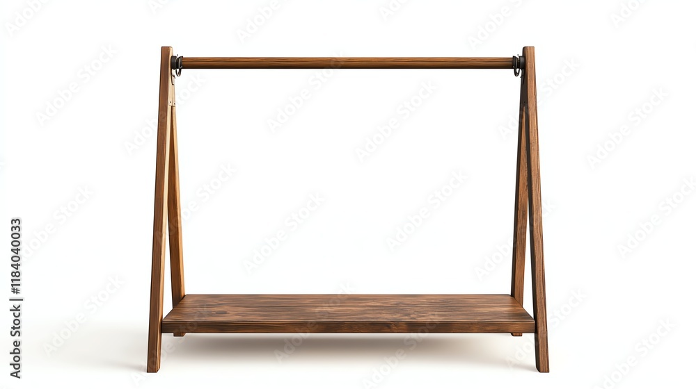 Wooden garment rack with a modern design, white isolated background. Wooden garment rack with a modern design, white isolated background.