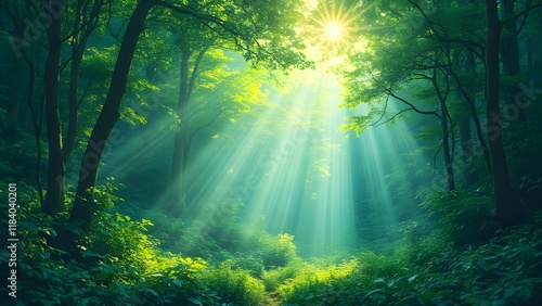 Lush Green Forest with Cyan Sunbeams, Vibrant Nature Scene, Mystical Woodland Path, Sun Rays Piercing Canopy