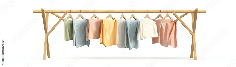 Colorful clothing hanging on a wooden rack, white isolate background. Colorful clothing hanging on a wooden rack, white isolate background.