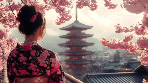 Japanese woman in traditional Kimono visit Yasaka Pagoda at Hokanji temple in Kyoto, Japan during full bloom cherry blossom in spring photo