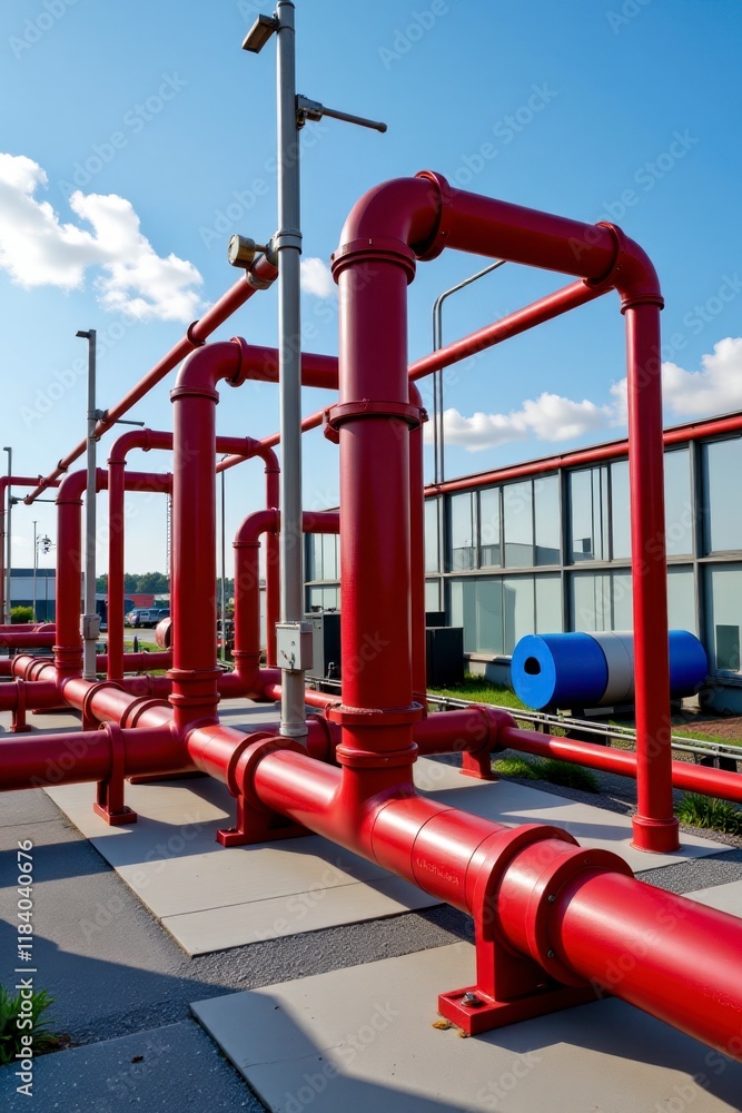 Industrial Red Piping System Modern Facility Exterior Daytime Sunlight Industrial Red Piping System Modern Facility Exterior Daytime Sunlight