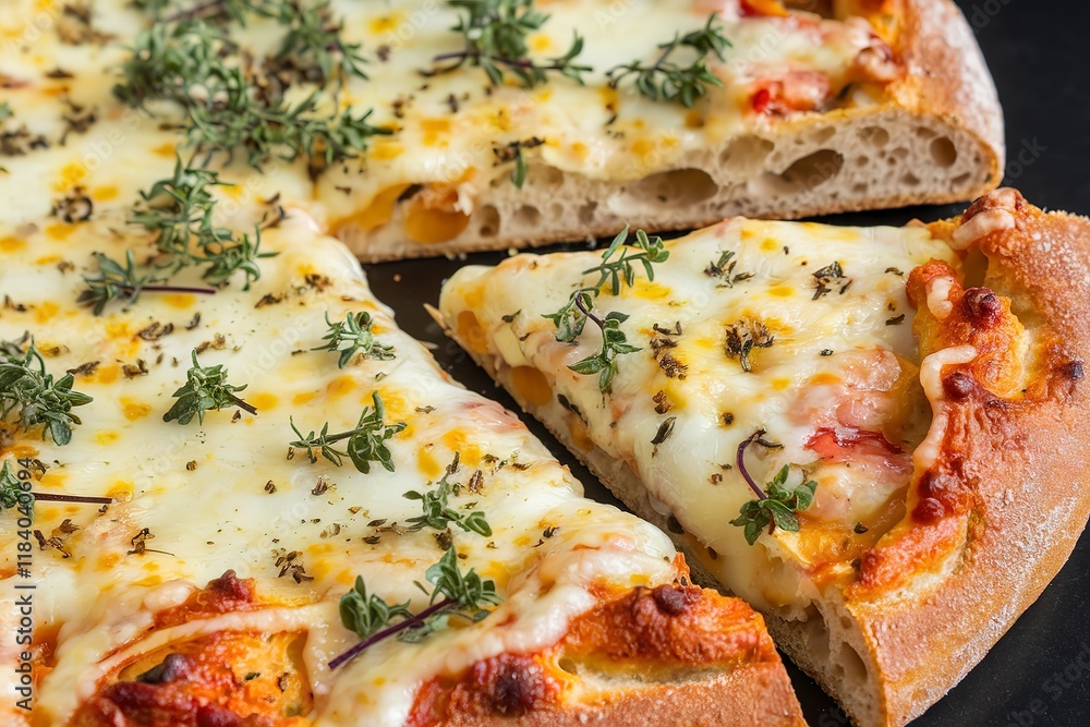 a garlic pizza bread with cheese and herbs a garlic pizza bread with cheese and herbs