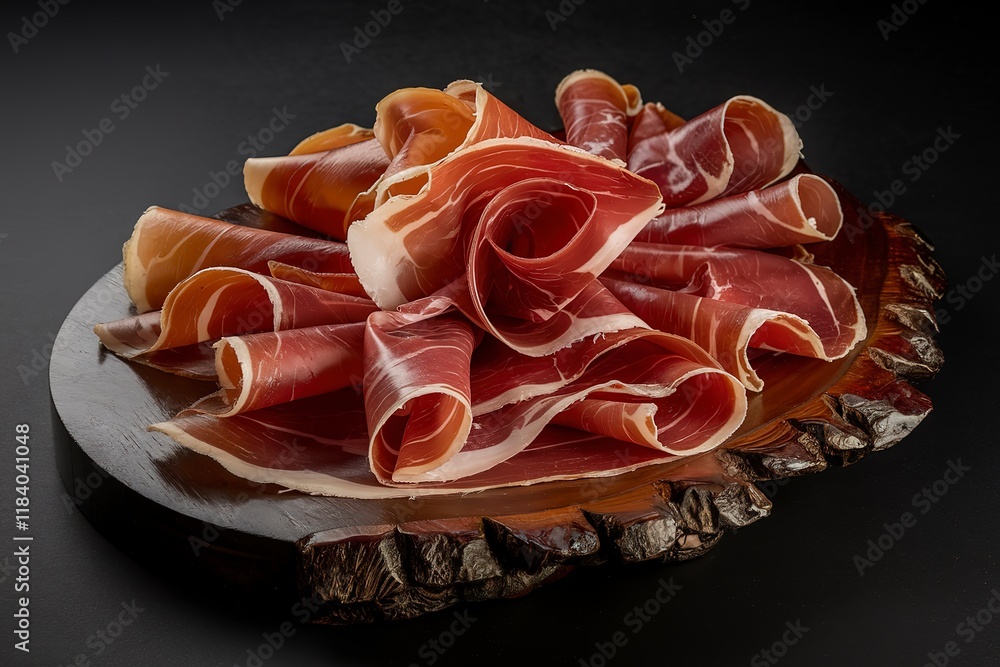 A high-quality photo of dried pork jamon prosciutto pieces A high-quality photo of dried pork jamon prosciutto pieces
