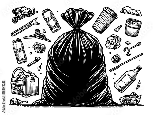 Pile of Garbage Bags and Waste engraving vector