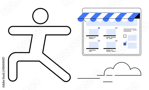 Stick figure in a dynamic pose beside a mock-up online store interface with awning. Ideal for remote work, business growth, fitness, e-commerce, online shopping, digital marketing, self-improvement