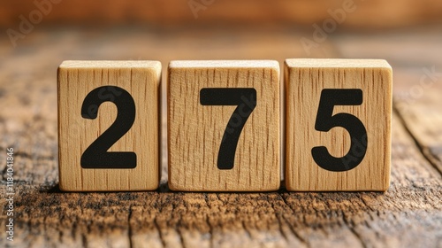 Two Hundred Seventy-Five: Wooden Number Blocks on Rustic Surface photo