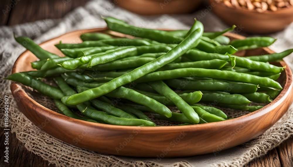 Common bean,Bush beans are french green beans in wooden plate.
Common bean,Bush beans are french green beans in wooden plate.