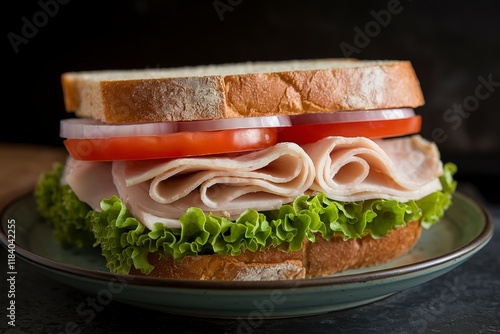 A photo of a homemade turkey sandwich with lettuce, tomato, and onion photo