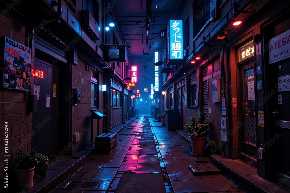 Neon lit Asian Alleyway at Night Rainy Wet Streets Cyberpunk Cityscape Neon lit Asian Alleyway at Night Rainy Wet Streets Cyberpunk Cityscape