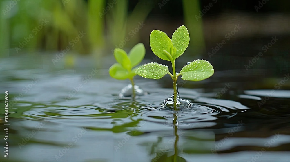Two vibrant green seedlings emerge from water, showcasing new life and growth Two vibrant green seedlings emerge from water, showcasing new life and growth