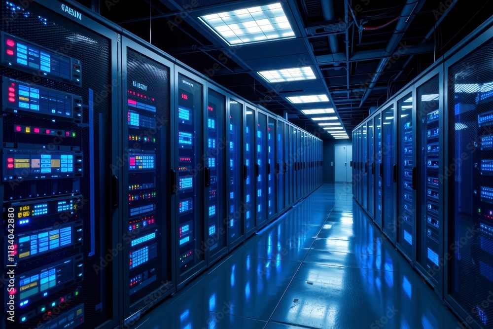 Modern Data Center Server Room Rows of Network Servers and IT Infrastructure Modern Data Center Server Room Rows of Network Servers and IT Infrastructure