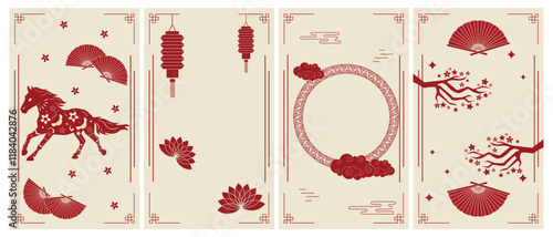 Big Chinese traditional New Year backgrounds with horse flowers pattern, clouds, lanterns, fan, Chinese ornaments and vintage red oriental Chinese border frames. Vertical vector posters