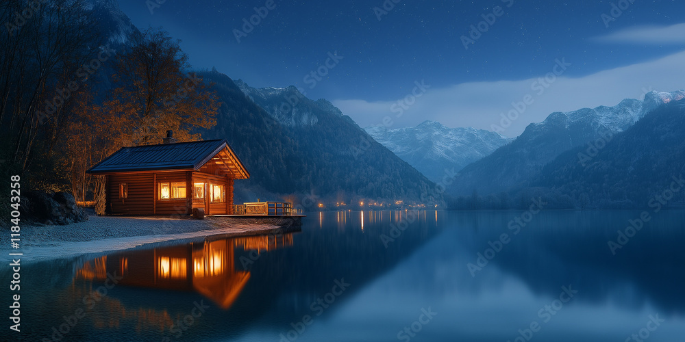 Fototapeta premium Serene evening by the lakeside cabin scenic mountain view landscape photography tranquil nature sunset reflection peaceful retreat