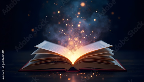 An open book with enchanting magic glow, on a dark wooden surface
