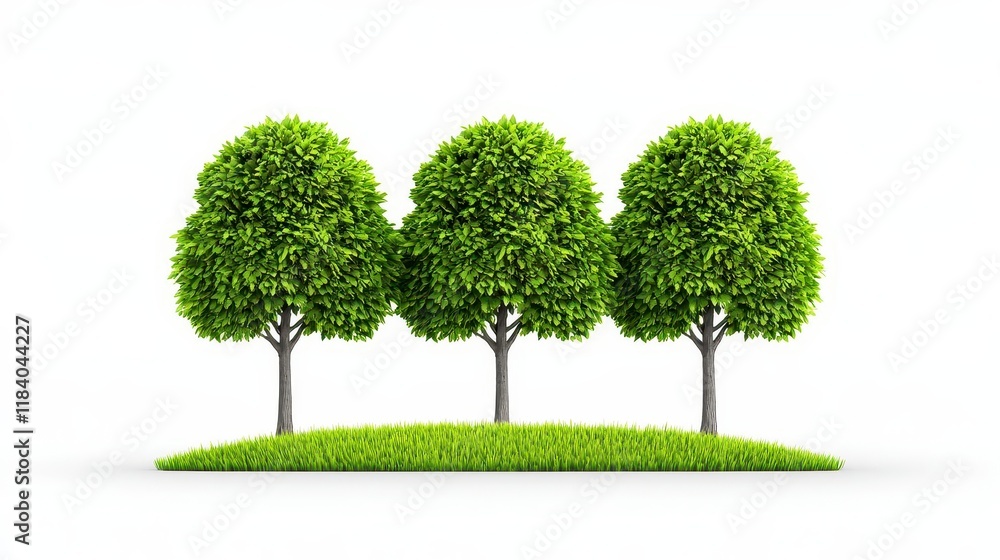 A photostock of a group of towering trees with dense green leaves, isolated on a clean white background, symbolizing natural majesty. High Quality