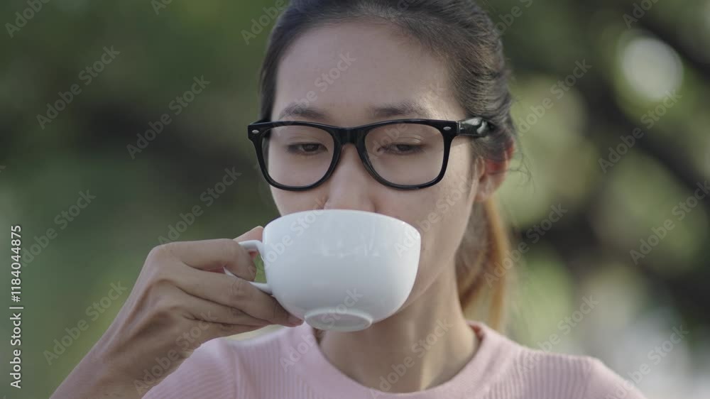 A woman is drinking coffee, using a laptop and working in the garden. A woman is drinking coffee, using a laptop and working in the garden.