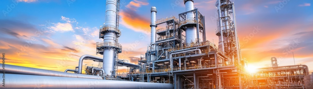 A large industrial plant with a sunset in the background A large industrial plant with a sunset in the background