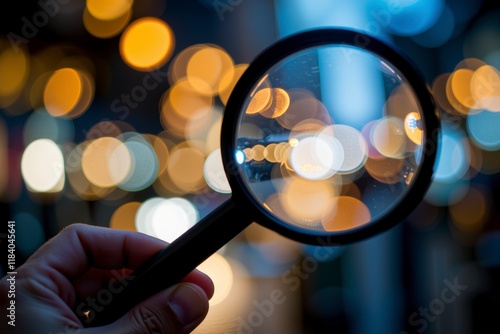 Hand Holding Magnifying Glass Focusing on Blurred City Lights at Night