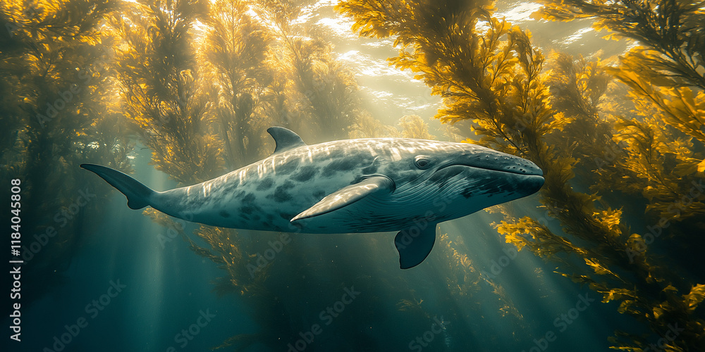 Fototapeta premium Majestic whale swimming through kelp forests underwater scene ocean environment serene viewpoint marine life exploration
