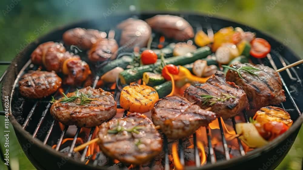 video of grilled meat and vegetables is cooking on open fire, imparting a smoky flavor and distinctive char marks. Concept of with outdoor cooking, barbecues. video of grilled meat and vegetables is cooking on open fire, imparting a smoky flavor and distinctive char marks. Concept of with outdoor cooking, barbecues.