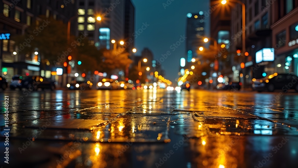 Fototapeta premium Vibrant Yellow City Night, Rain-slicked Streets Reflecting Urban Lights