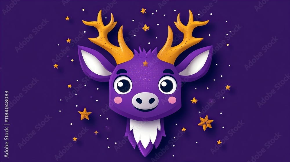 Fototapeta premium Adorable purple deer with golden antlers against a dark purple starry background. Perfect for holiday cards!