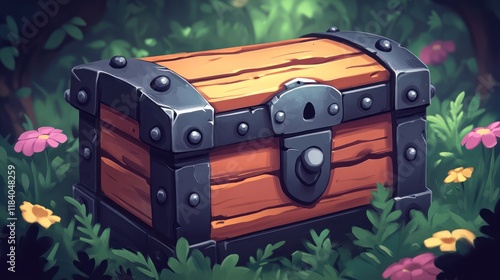 Wooden chest, forest, game asset, fantasy background photo