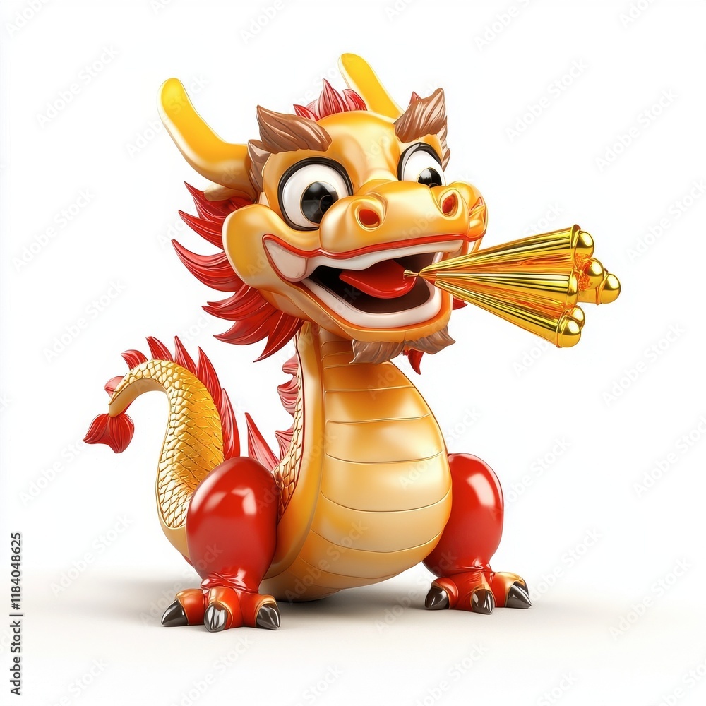 Fototapeta premium Colorful Cartoon Dragon Character Blowing Golden Fireworks