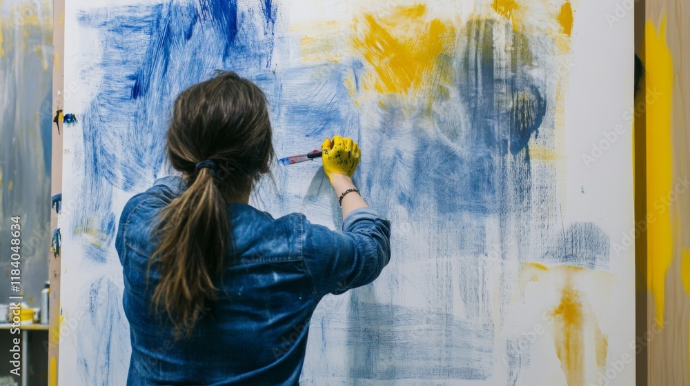 Abstract artwork of a female artist drawing in blue and yellow with wax crayons on a canvas. Abstract artwork of a female artist drawing in blue and yellow with wax crayons on a canvas.