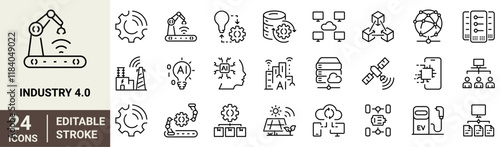 Industry 4.0 web line icons. industrial revolution, smart factory, digital transformation, smart machine, automation and technology.