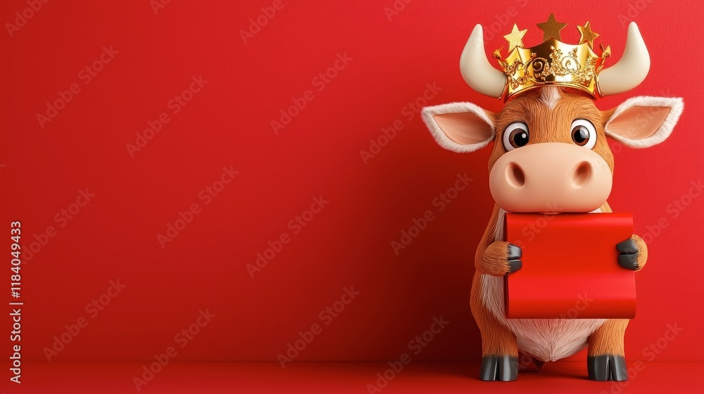 Fototapeta premium Cheerful Cartoon Cow with Crown Holding Red Gift on Red Background