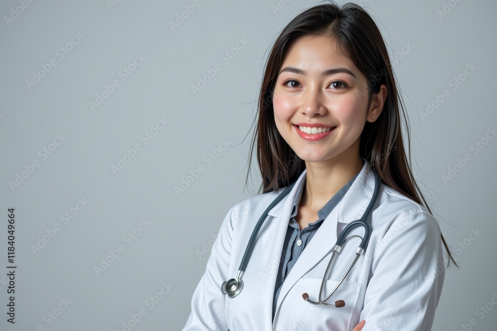 Confident Smiling Asian Female Doctor in White Coat with Stethoscope Confident Smiling Asian Female Doctor in White Coat with Stethoscope