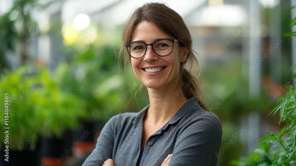 Smiling woman in glasses, greenhouse setting, plants in background. Possible use business/professional portrait Smiling woman in glasses, greenhouse setting, plants in background. Possible use business/professional portrait