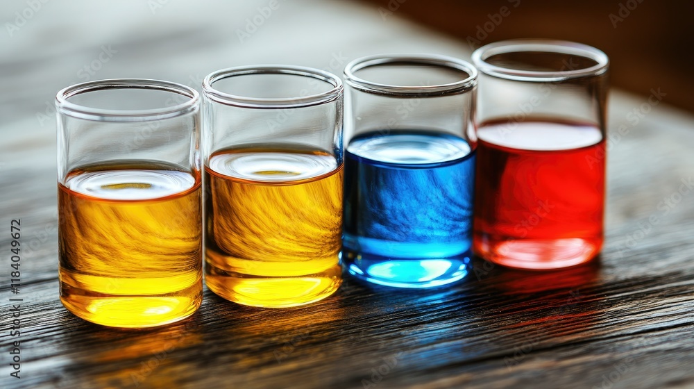 Vibrant Colored Liquids in Glass Beakers on Wooden Surface Vibrant Colored Liquids in Glass Beakers on Wooden Surface
