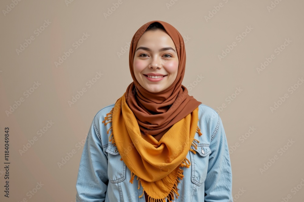 Smiling Young Muslim Woman in Brown and Mustard Hijab Studio Portrait Smiling Young Muslim Woman in Brown and Mustard Hijab Studio Portrait