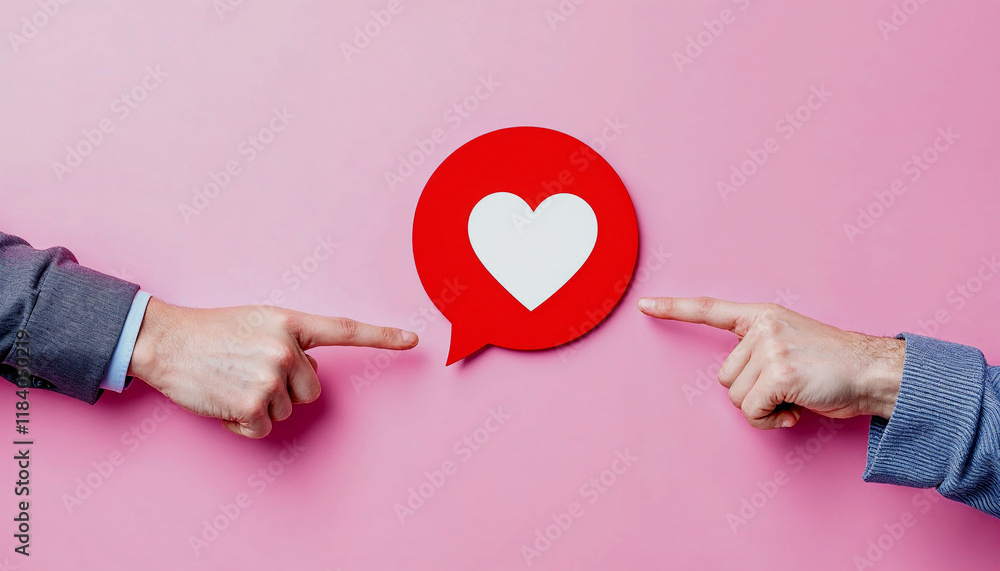 Two hands pointing towards a red speech bubble with a white heart Two hands pointing towards a red speech bubble with a white heart