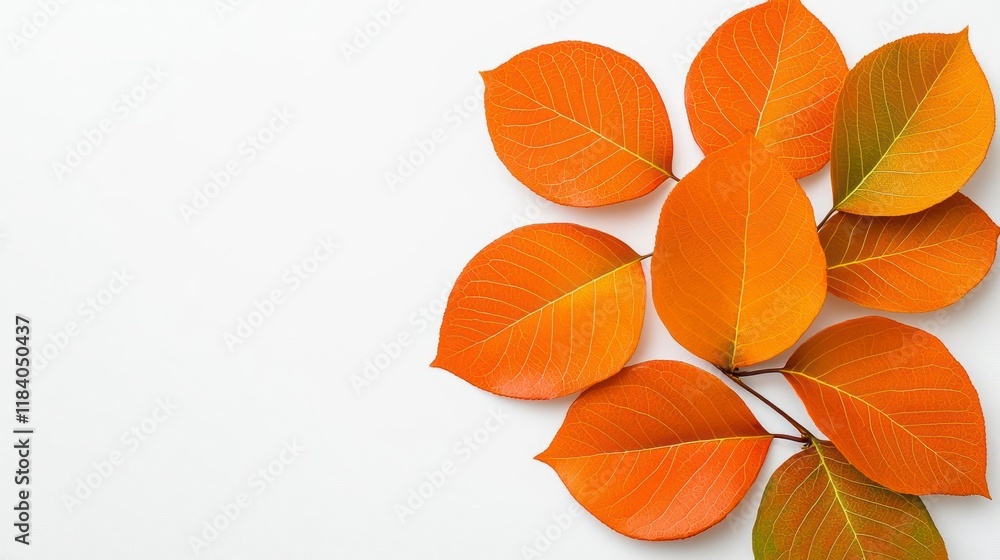 A photostock of bright orange autumn leaves scattered artistically across a clean white background, symbolizing seasonal beauty and transition. High Quality A photostock of bright orange autumn leaves scattered artistically across a clean white background, symbolizing seasonal beauty and transition. High Quality