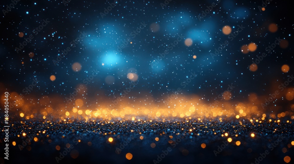 Fototapeta premium Glittering blue-gold texture, bokeh background, night scene, product display
