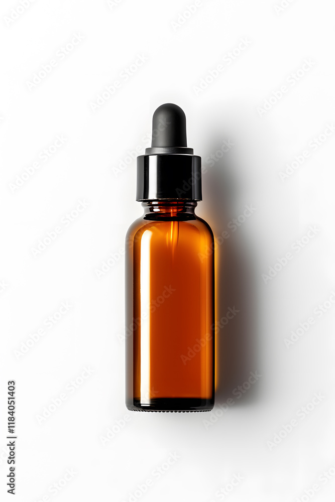Amber glass dropper bottle with black cap mock up isolated on white background Amber glass dropper bottle with black cap mock up isolated on white background