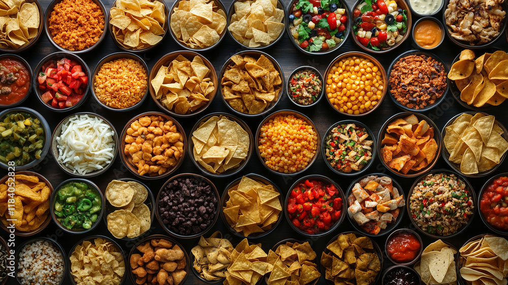 Fototapeta premium vibrant assortment of food dishes and snacks arranged in bowls, showcasing variety of colors and textures. Perfect for gatherings or celebrations