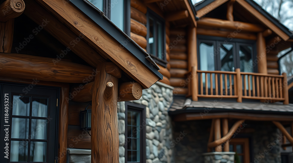 Close-up view of a rustic log cabin exterior. Dark brown stained logs, stonework, and dark-framed windows are prominent features. A portion of a second log cabin is visible in the background. Close-up view of a rustic log cabin exterior. Dark brown stained logs, stonework, and dark-framed windows are prominent features. A portion of a second log cabin is visible in the background.