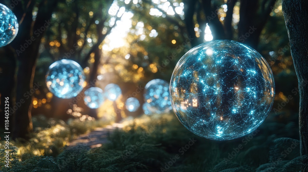 Glowing orbs float in sunlit forest path Glowing orbs float in sunlit forest path